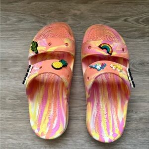 CROCS Women’s Sandals in Orange and Yellow with Fun Charms